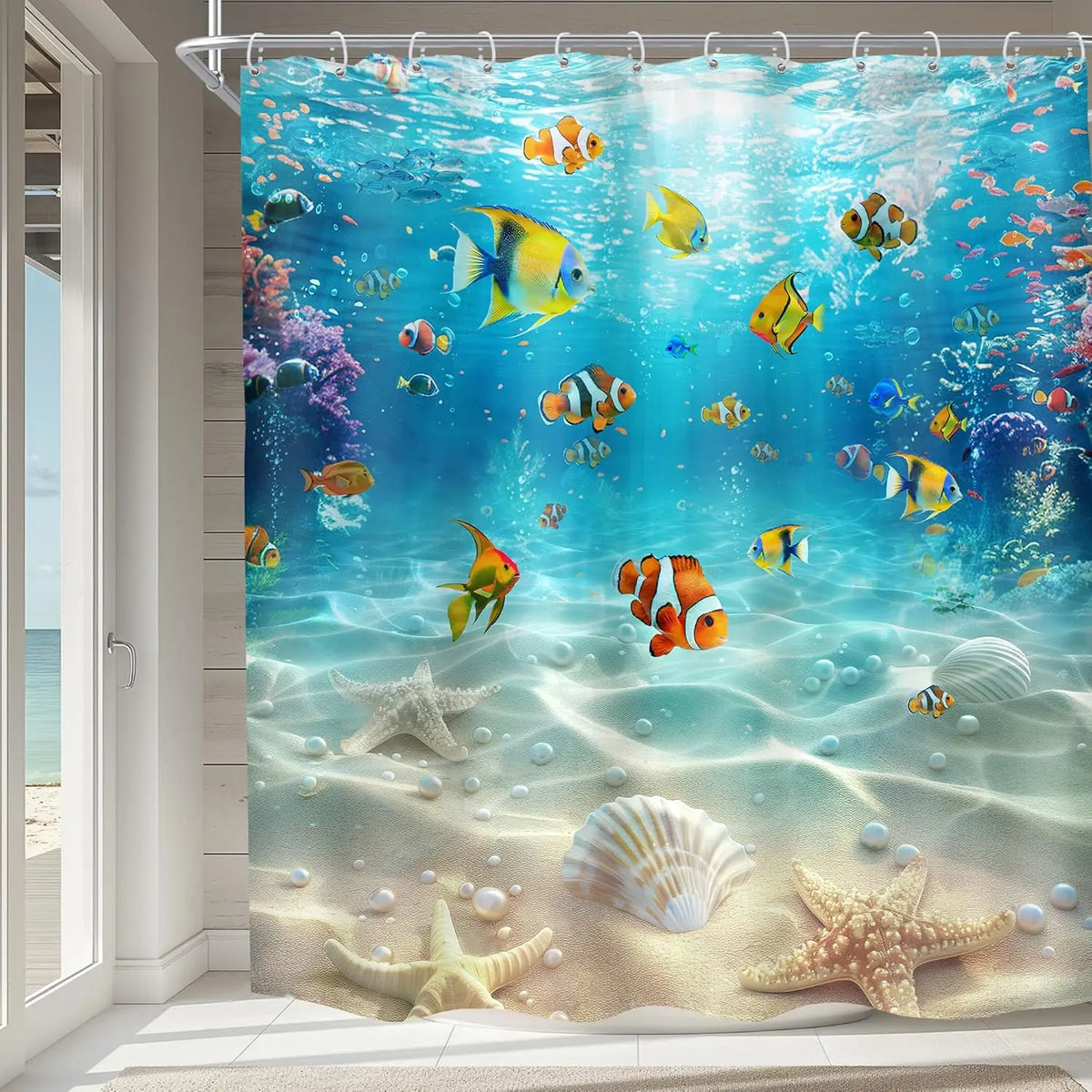 rideau douche thème marin poissons coraux étoiles mer coquillages moderne bleu orange jaune vert