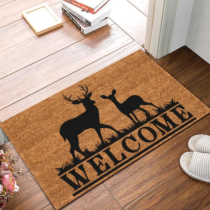 tapis d'entrée marron motif cerfs bienvenue hiver rustique 50x80cm 40x60cm