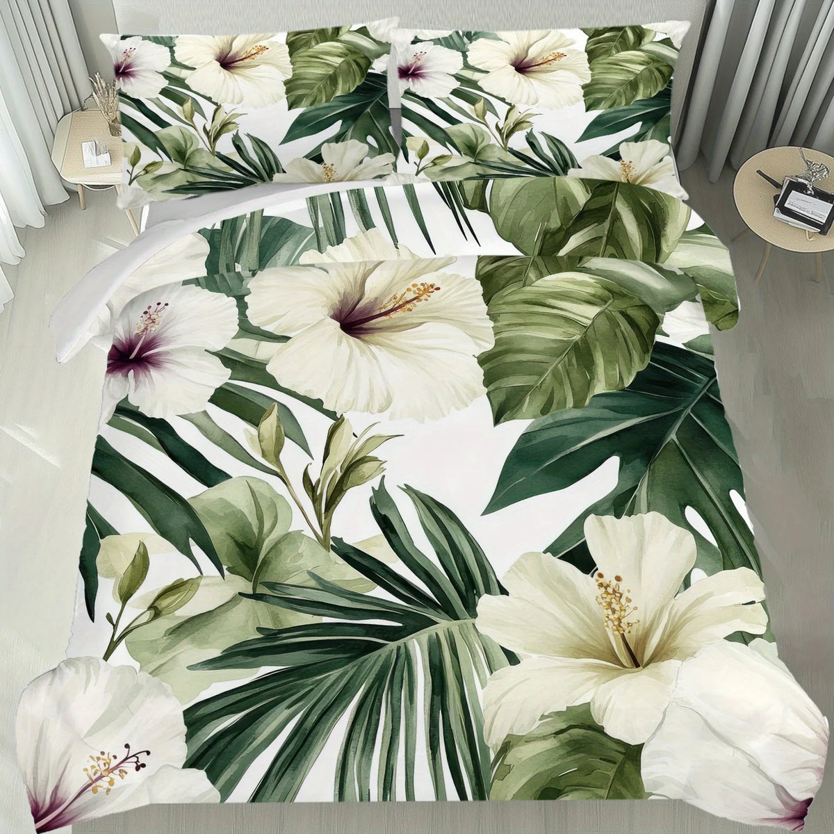ensemble literie floral hibiscus moderne blanc vert beige twin full queen king
