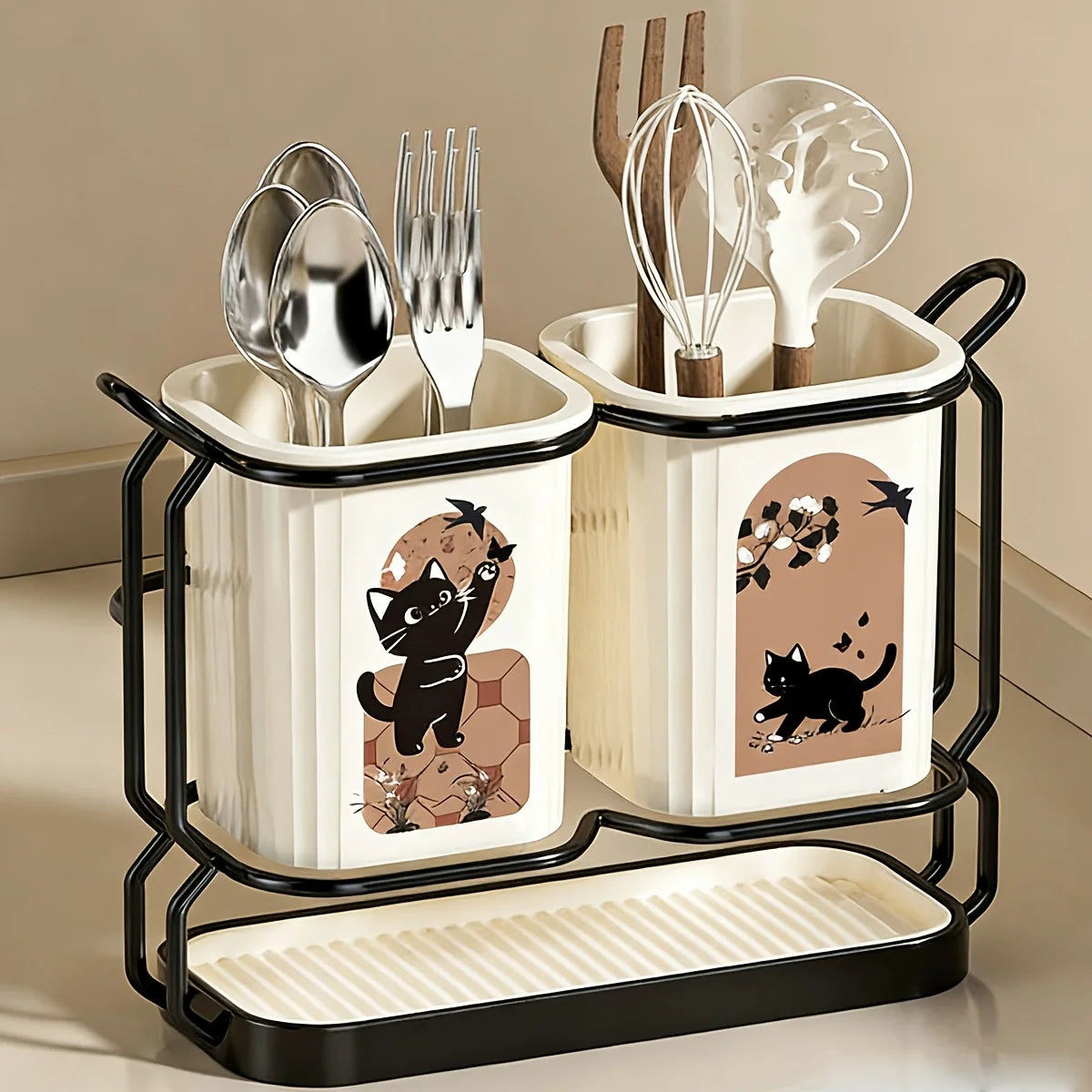 support ustensiles cuisine blanc noir motif chats moderne pots rangement plateau drainage acier multifonctionnel