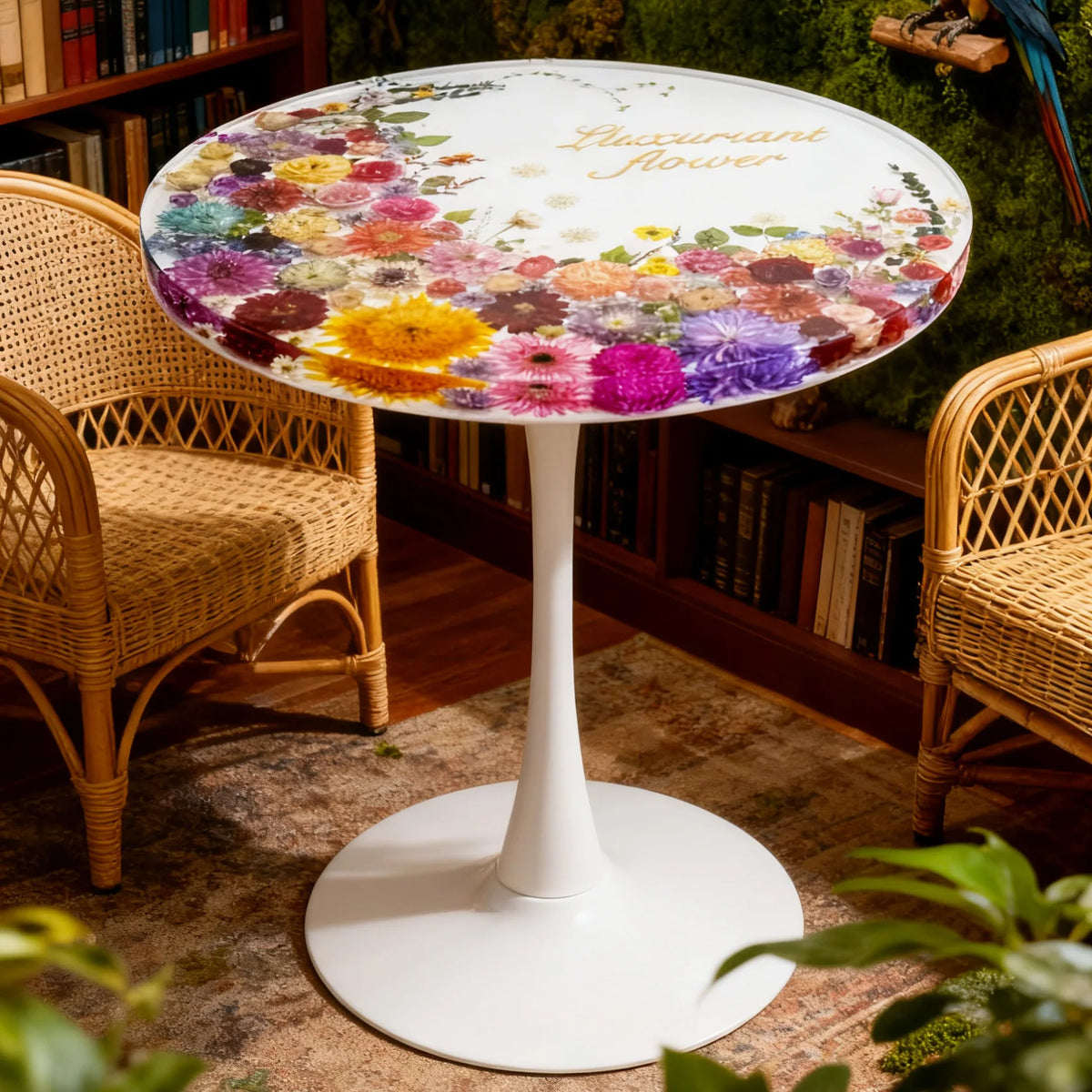 table ronde résine fleurs séchées blanc multicolore moderne tulipier transparent