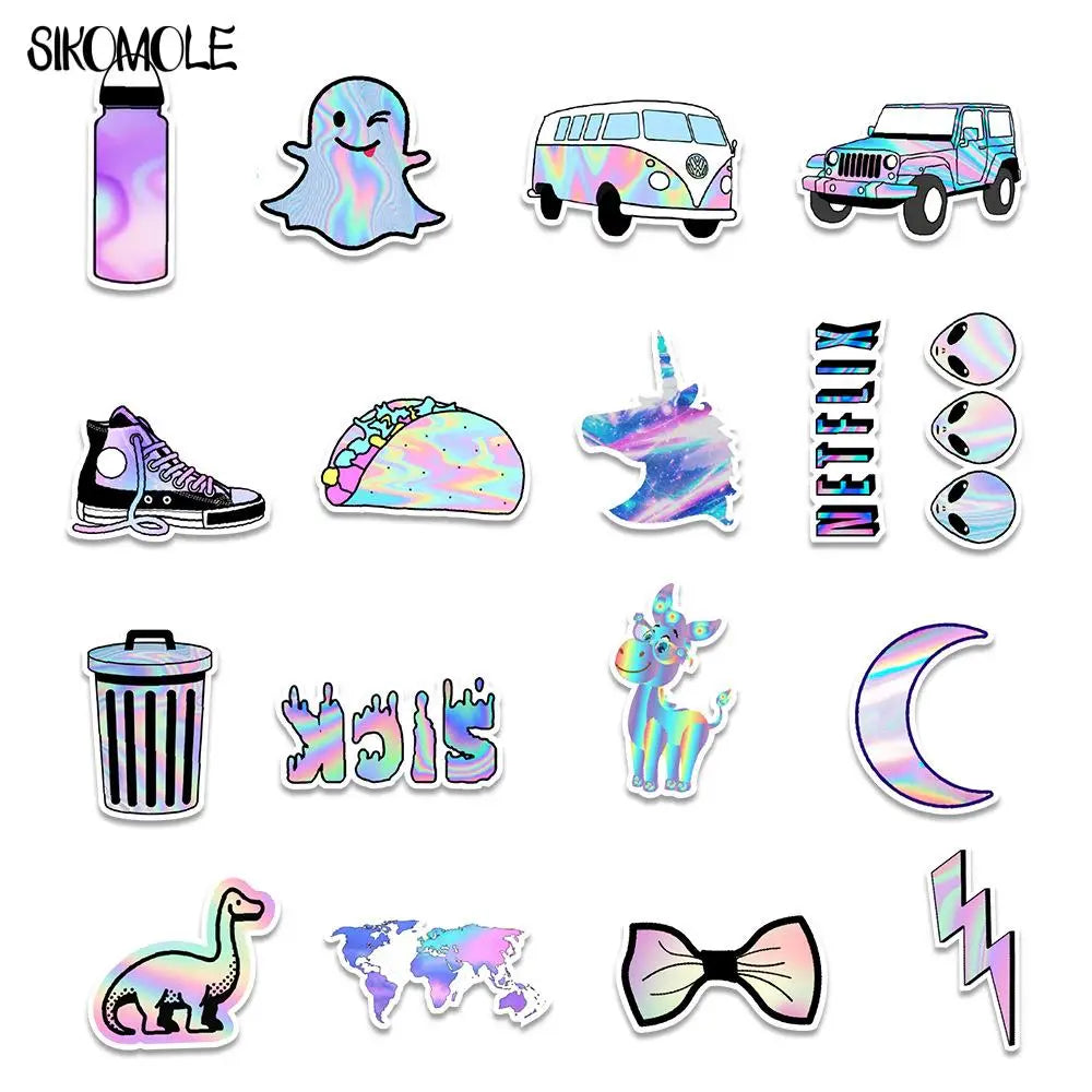 stickers holographiques assortiment violet rose bleu motifs véhicules animaux alimentos symboles personnages adhésifs