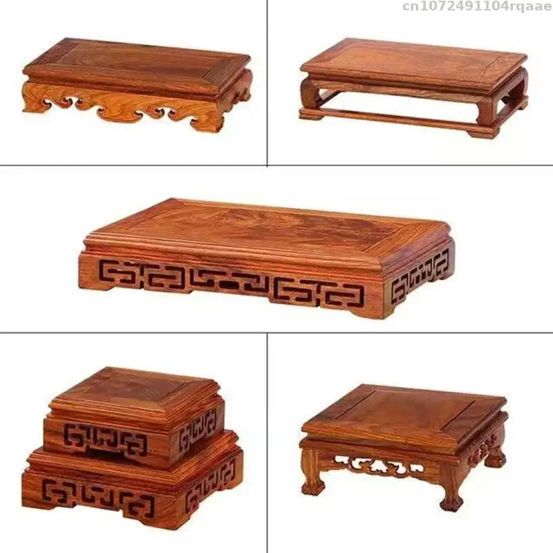 plateau bois sculpté classique marron clair plantes théières décoration maison jardin stands pots fleurs