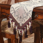 chemin table brodé floral vert beige or franges dorées classique maison polyester cotonjacquard
