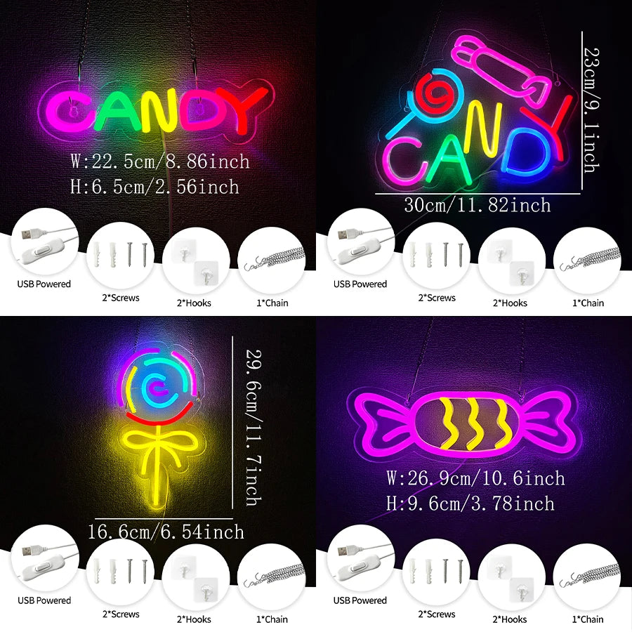 néon lumineux multicolore candy lettres bonbons sucette moderne opaques câble usb vis