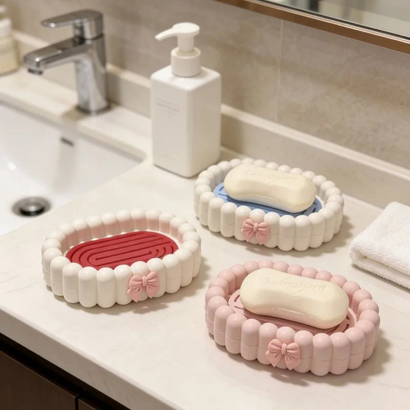 support savon blanc rose moderne nœud boudiné double couche drainage salle bain