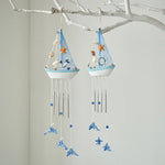 mobiles decoratifs bois motifs marins bleu blanc orange coquillages etoiles mer bouee suspendus