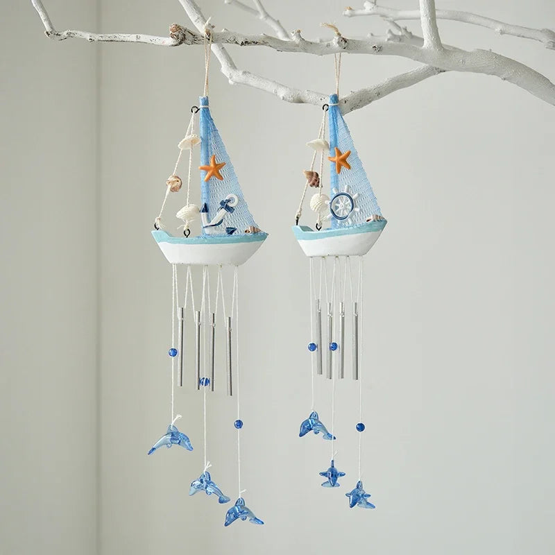 mobiles decoratifs bois motifs marins bleu blanc orange coquillages etoiles mer bouee suspendus