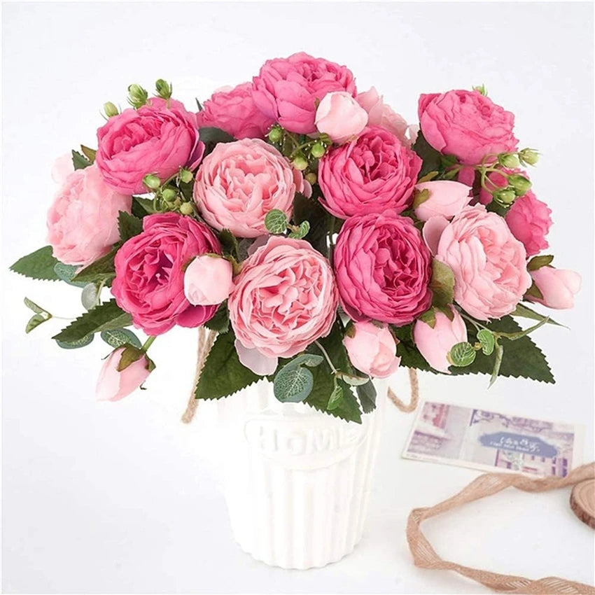 Bouquet artificiel péonies hortensia rose blanc violet décoration intérieure classique salon chambre