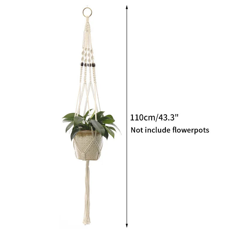 Macramé suspendu plante boho tissé main motifs géométriques anneaux métalliques