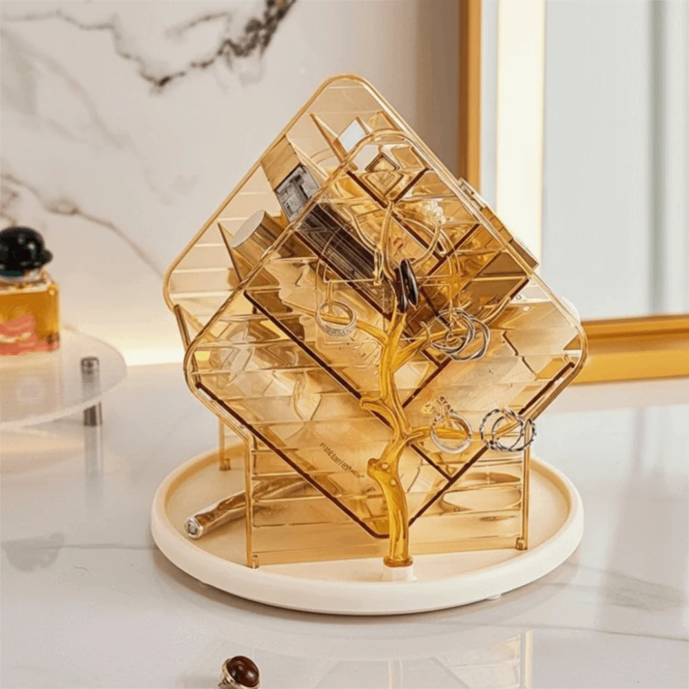organisateur maquillage rotatif transparent doré arbre stylisé modernes pinceaux bijoux ombres paupières blush rouge