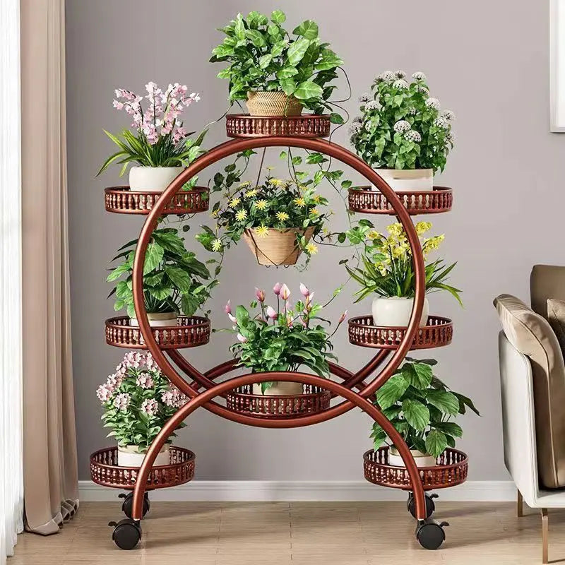 meuble plantes moderne blanc marron doré ajouré barreaux verticaux roulette grille bord relevé