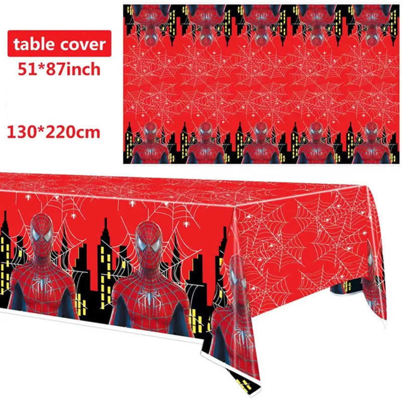 ensemble décoration anniversaire spider man vaisselle jetable nappe assiettes gobelets banderole ballons rouges