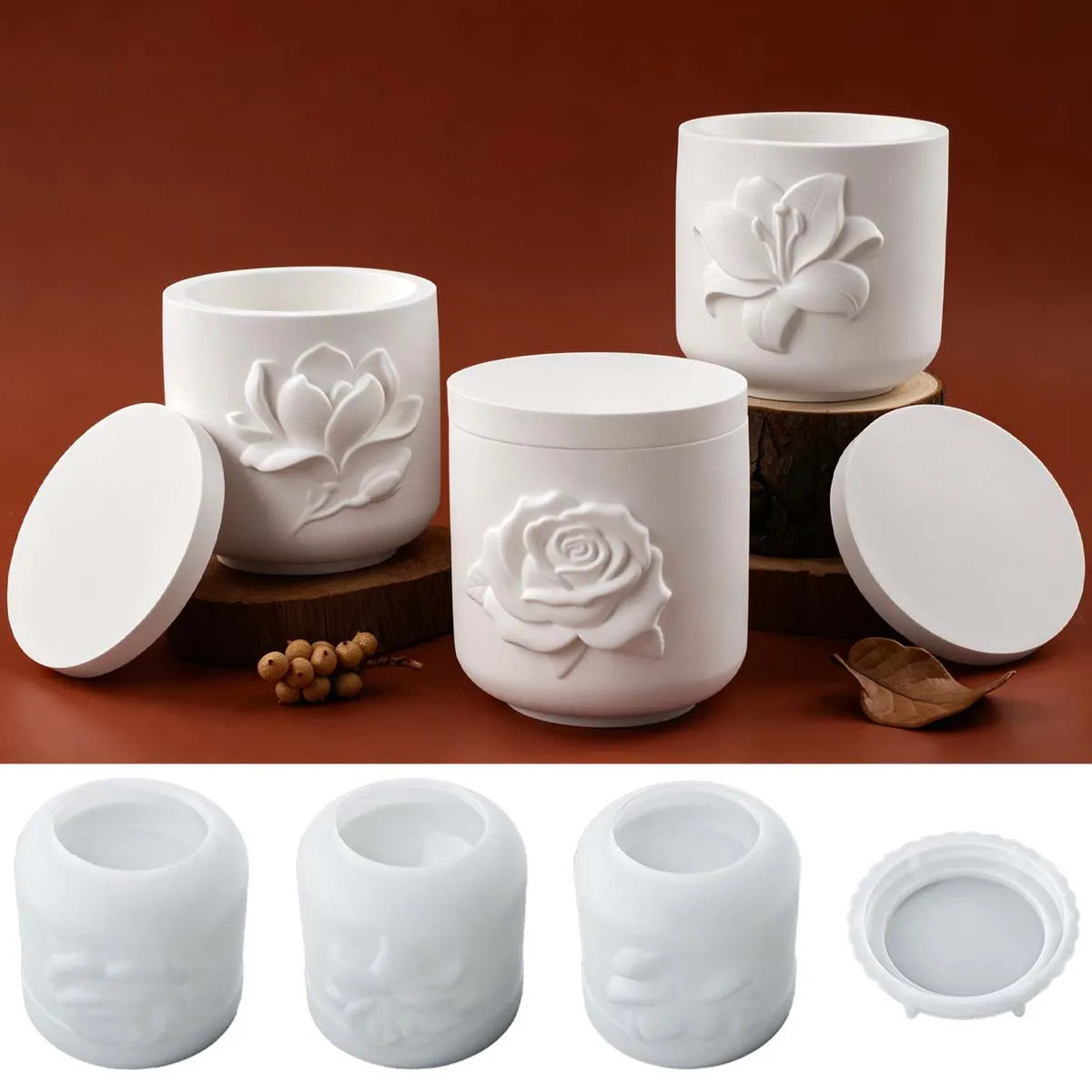 moules silicone vases fleurs reliefs plâtre résine diy bougies artisanal floral rose magnolia lys