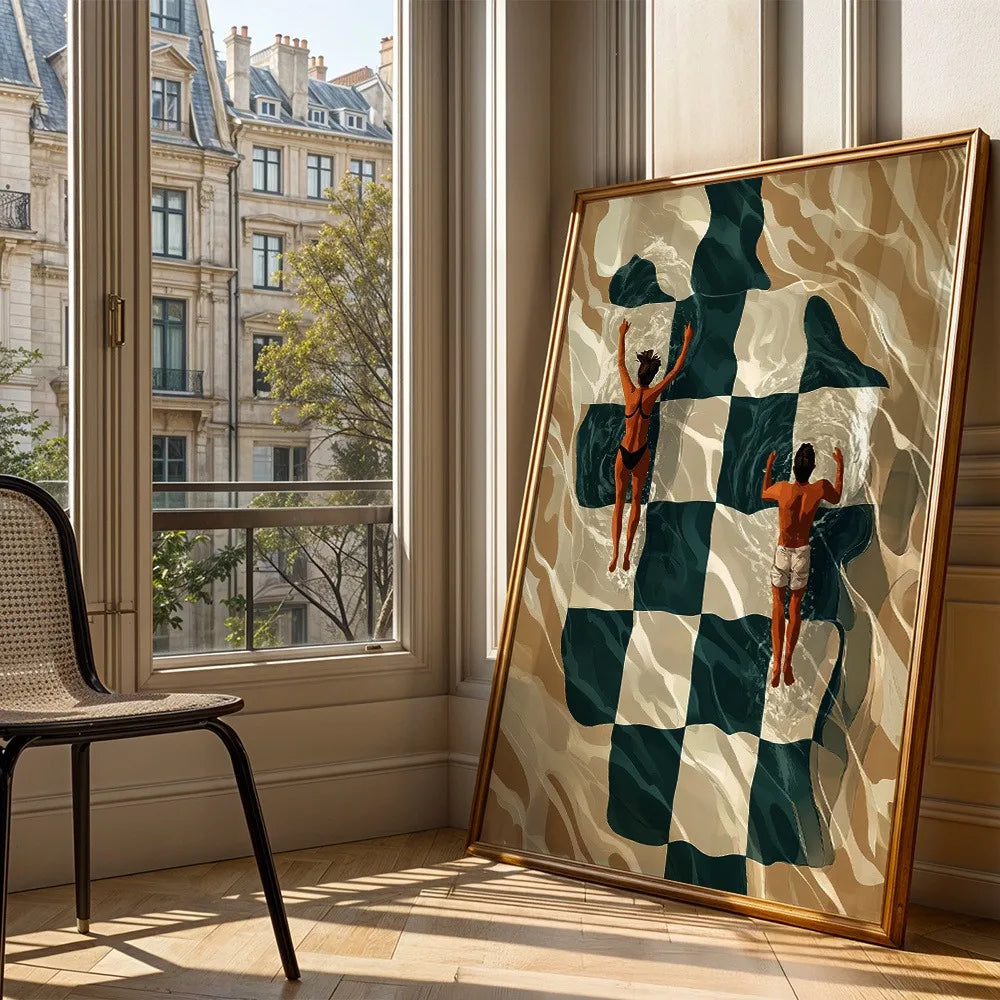toile d'art contemporaine couple vert beige portrait minimaliste sans cadre huile toile