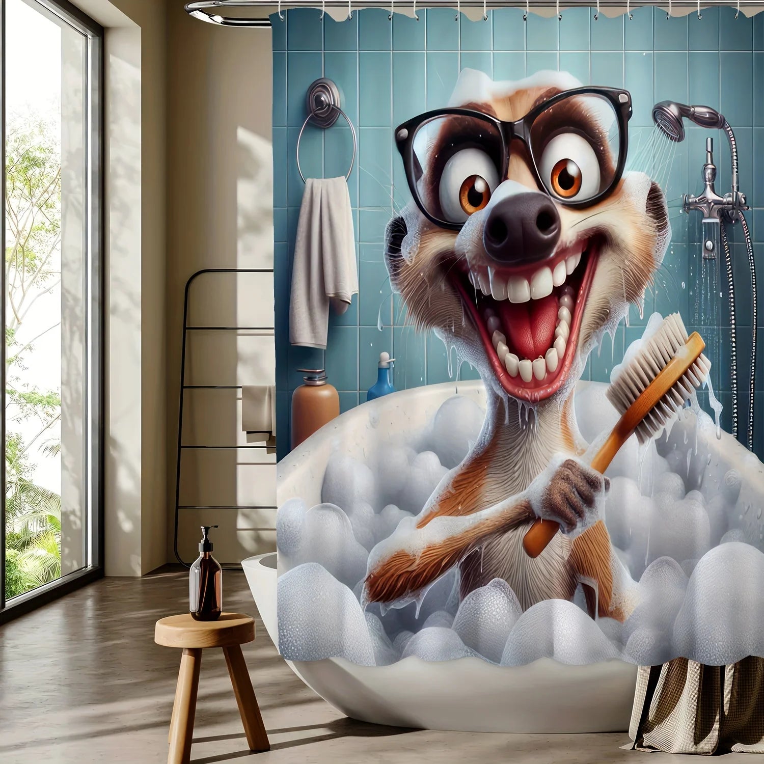 Rideau de douche original représentant un suricate en train de se laver dans une salle de bain lumineuse avec vue extérieure.