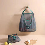 sac rangement maille gris vert moderne poignées crochets LIFE IS HARD ENJOY SOFT