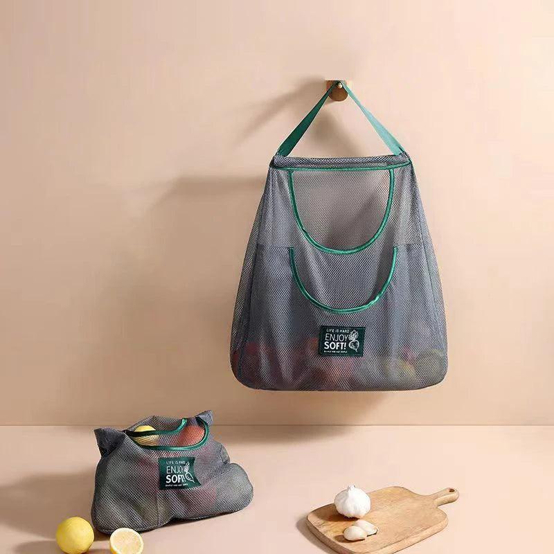sac rangement maille gris vert moderne poignées crochets LIFE IS HARD ENJOY SOFT