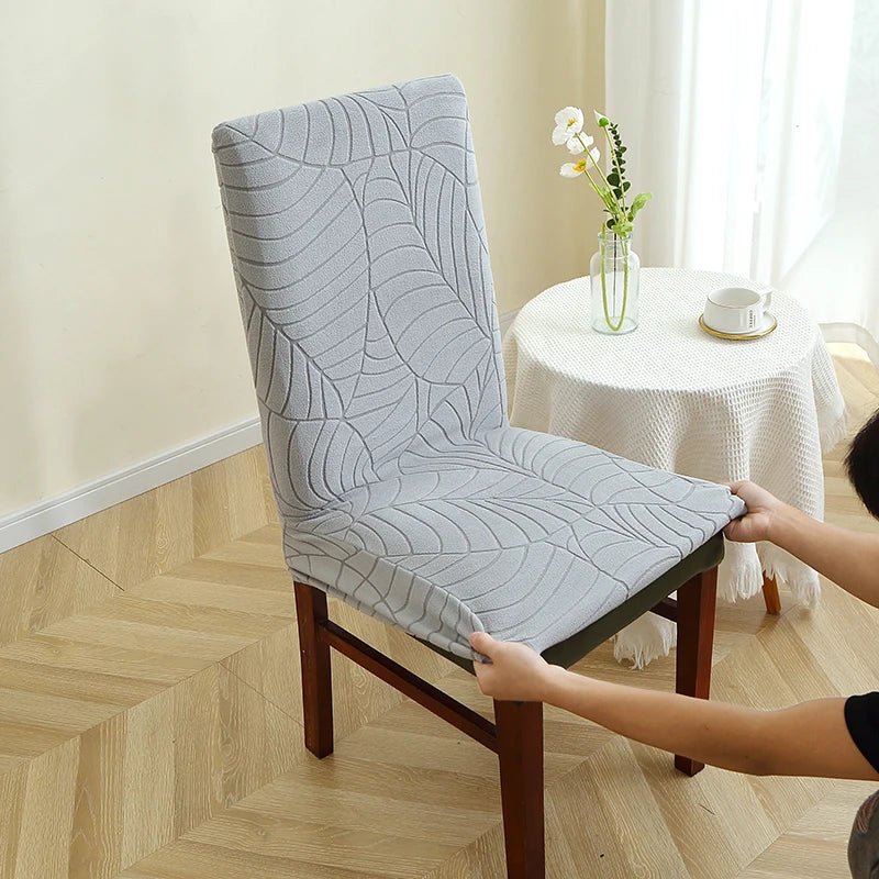 housse chaise extensible motif feuilles gris clair siège salle manger cuisine moderne
