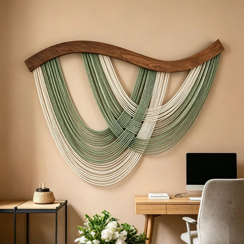 tapisserie murale macramé coton spirales bois moderne abstract salon chambre decoration mur