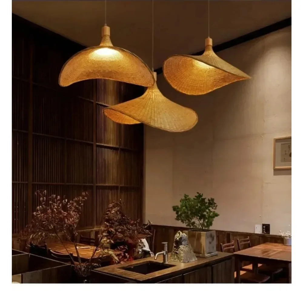 lampe suspendue moderne rustique tissée bambou naturel salon décoration lumière chaîne métallique