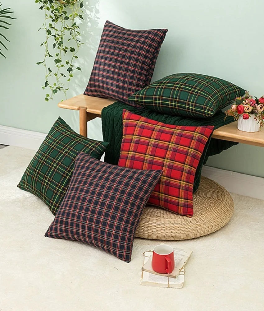 housses coussins carreaux écossais vert rouge jaune 100 polyester amovibles lavables traditionnel 30x50cm 45x45cm
