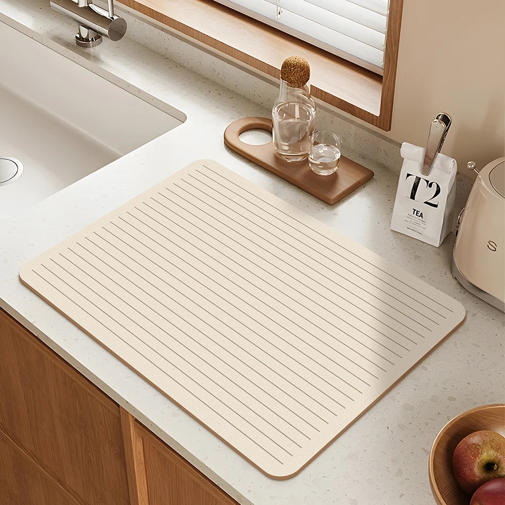 tapis cuisine absorbant anti dérapant résistant chaleur moderne beige clair rayures horizontales
