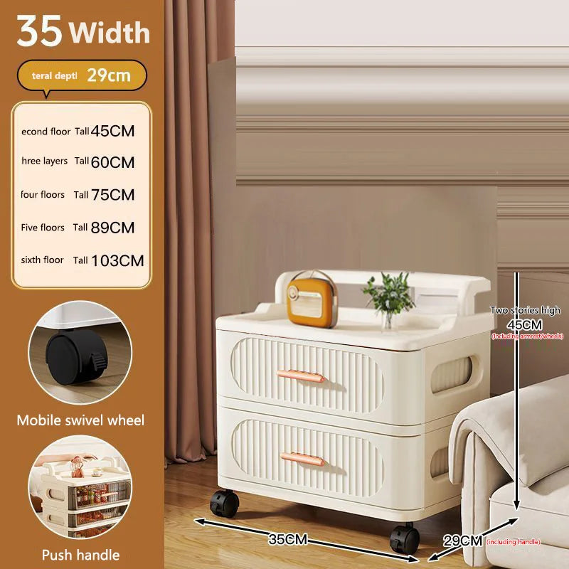 meuble rangement mobile tiroirs roulettes beige clair rayures horizontales moderne