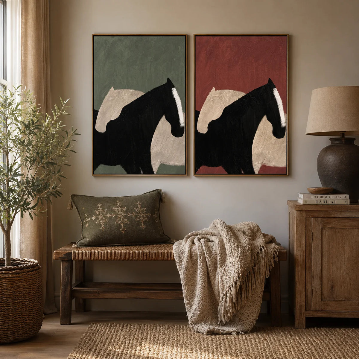 tableau abstrait cheval noir moderne minimaliste toile sans cadre vertical