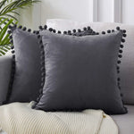 taies d'oreiller velours moderne gris jaune rose bleu blanc pompons non toxique polyester 45x45cm