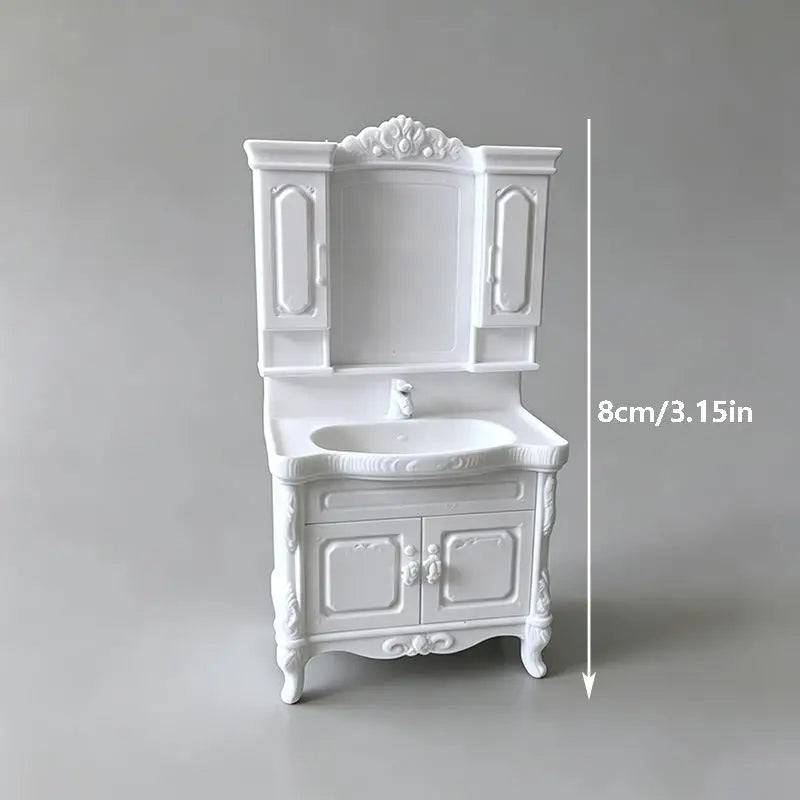 salle bain miniature 12 blanc noir vintage meuble lavabo armoire miroir ornementé accessoires poupée