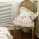housses coussin fleur rose feuilles vertes vintage romantique opalescent adhésif rubans blancs coton carré