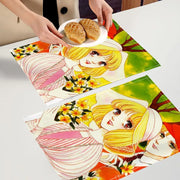 set table rectangulaire lin motif manga rétro personnages fleurs rouge jaune vert bleu