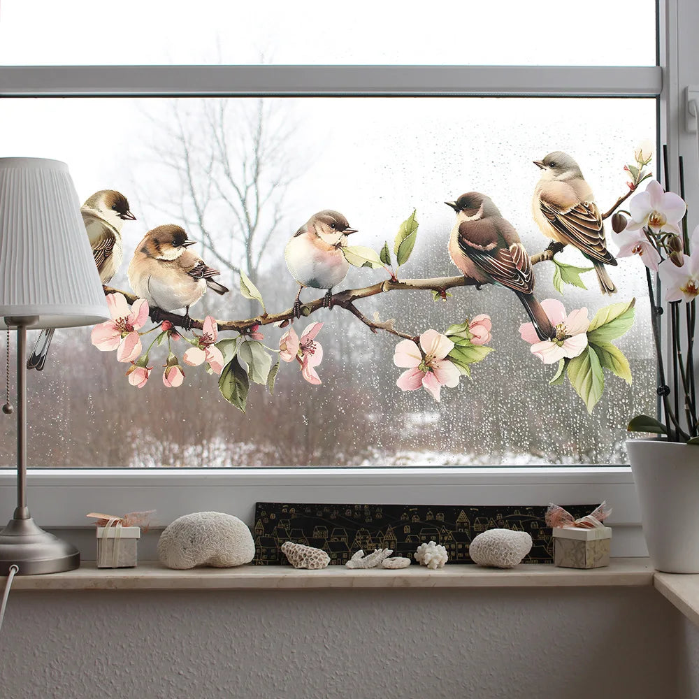 sticker mural multicolore oiseaux branches fleurs artiste clips