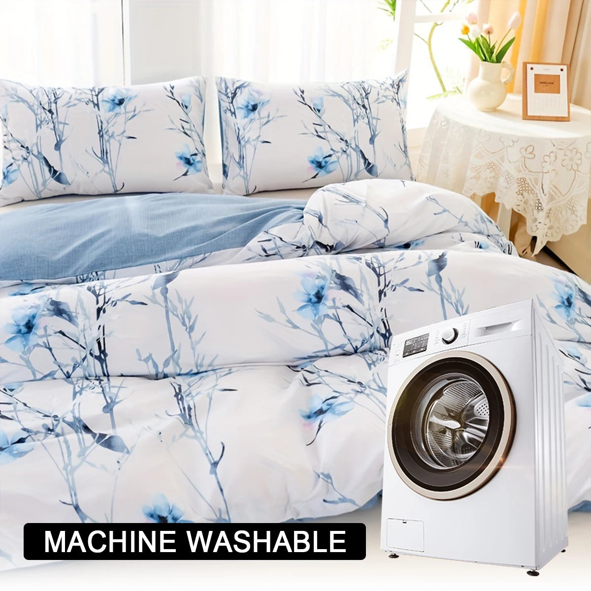 housse couette motif floral moderne 100 polyester couverture taies oreiller bleu blanc