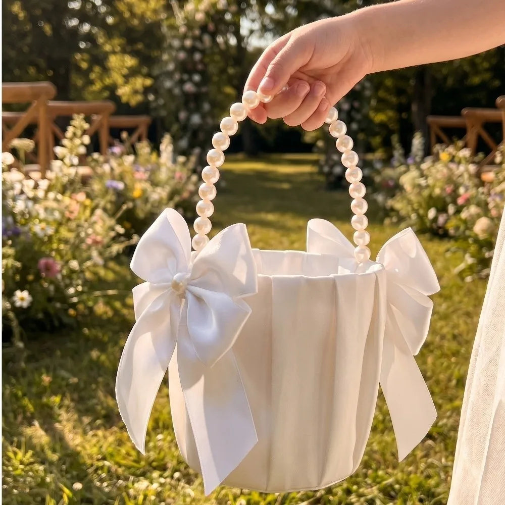 panier mariage blanc satin rubans nœuds élégant romantique champêtre demoiselle honneur