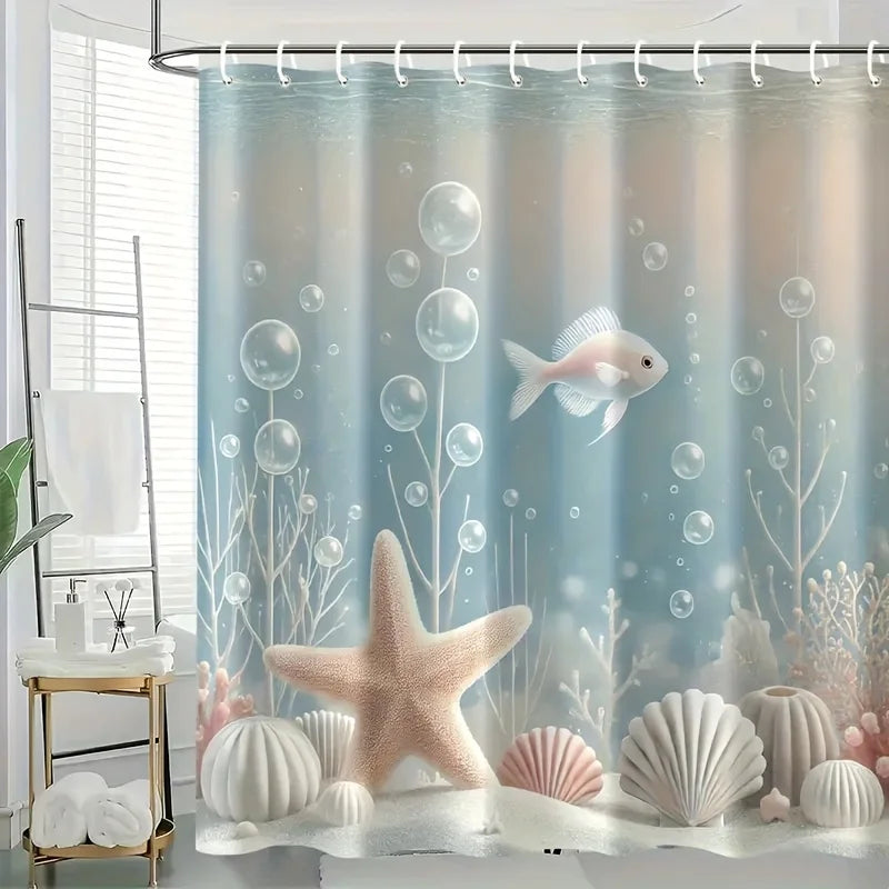 rideau douche thème marin bleu clair rose pâle étoiles mer coquillages poissons bulles moderne