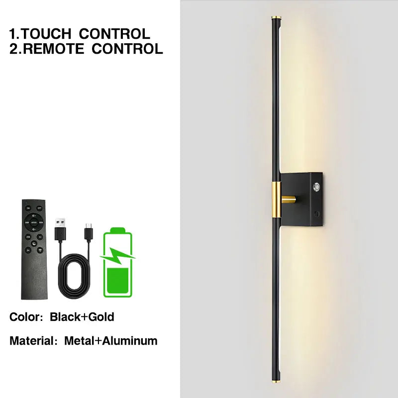 Lampe murale LED rechargeable batterie noir doré moderne minimaliste fixée mur télécommande