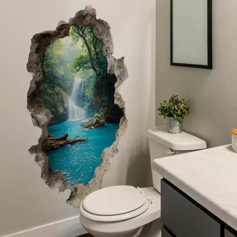 sticker mural paysage cascade végétation 3d naturel contemporain adhésif chambre bain decoration
