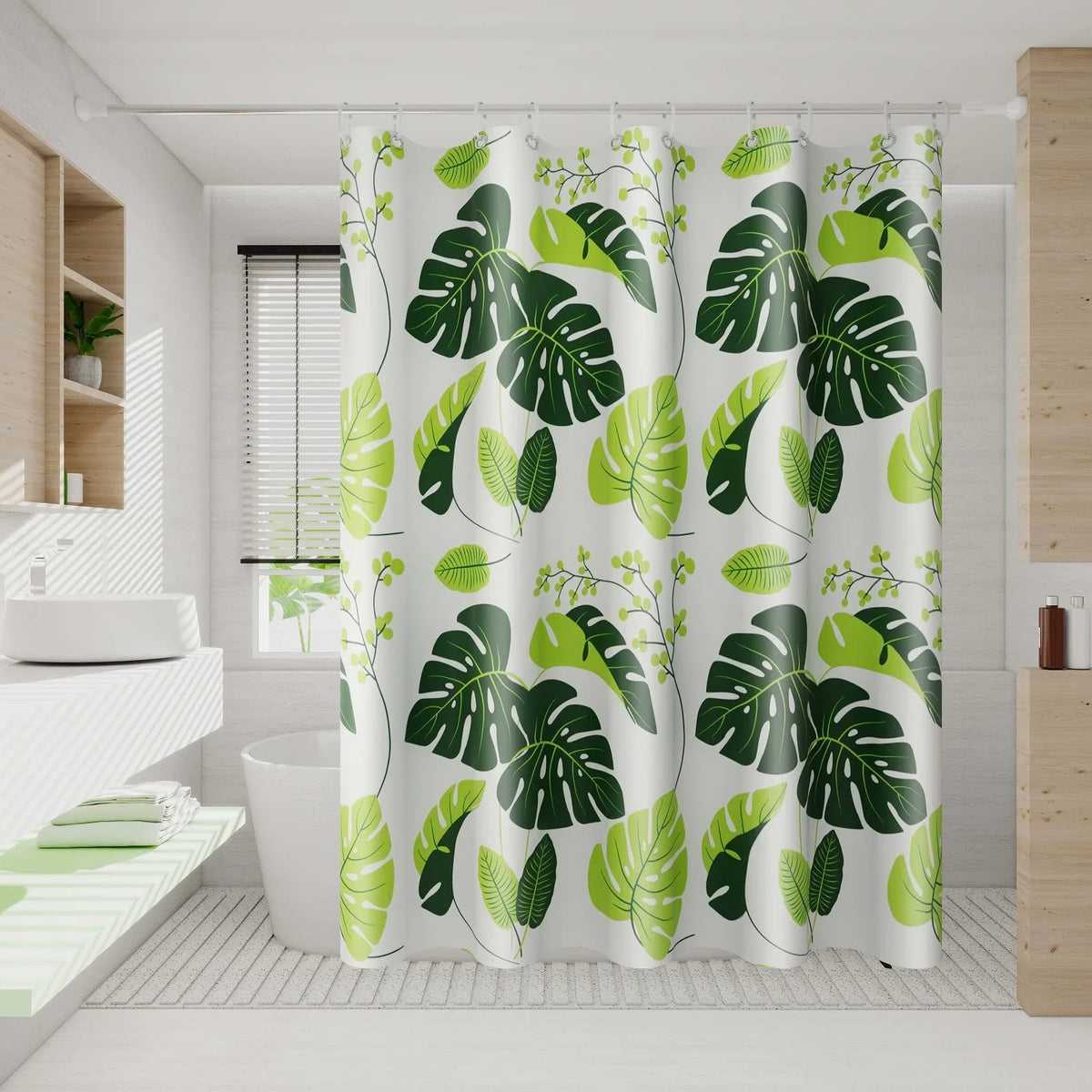 rideau douche opaques feuilles tropicales vert blanc moderne anneauxétales