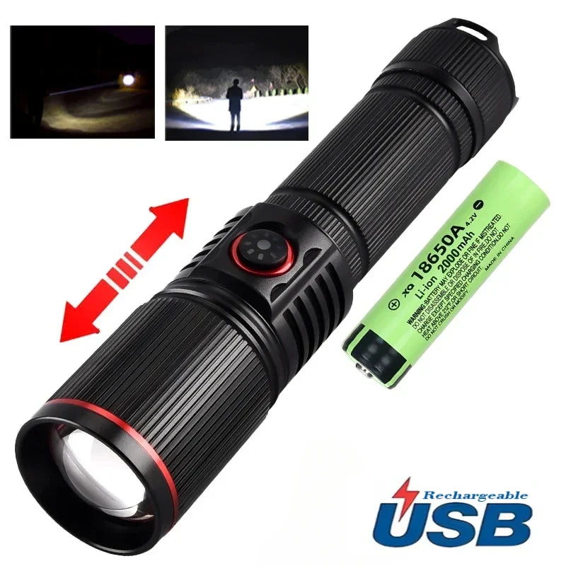 lampe torche led rechargeable 30w intense 500m rayures noire camping