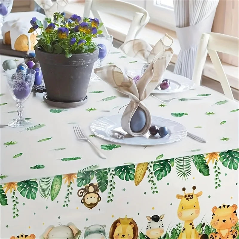 nappe rectangulaire animaux jungle décoration anniversaire éléphant girafe zèbre lion feuilles tropicales modernereuse maison
