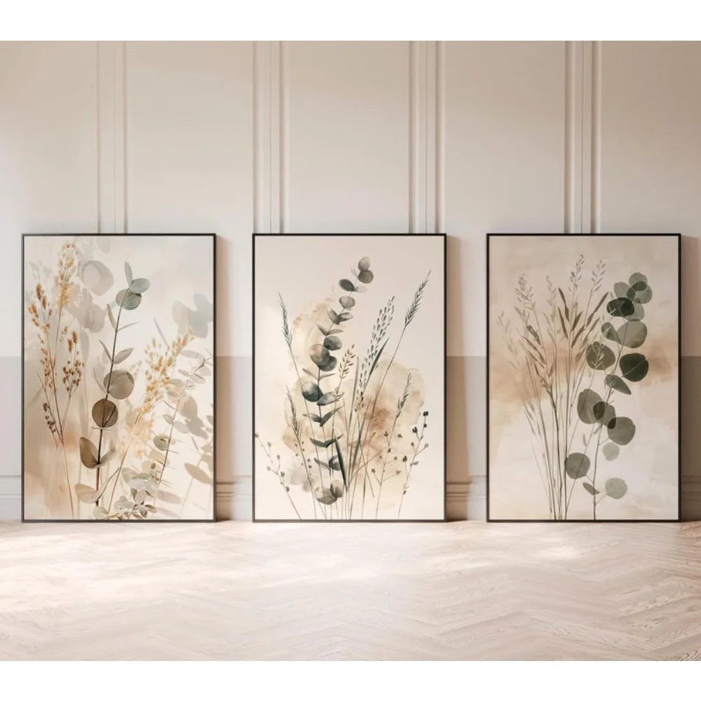 toiles d'art abstrait moderne minimaliste beige gris vert fleurs séchées feuilles pièces combinaison rectangle