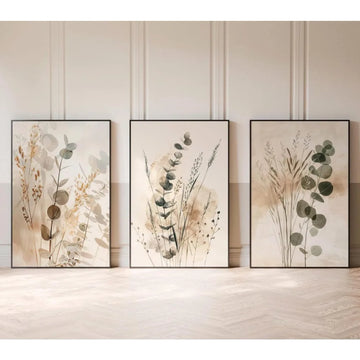 toiles d'art abstrait moderne minimaliste beige gris vert fleurs séchées feuilles pièces combinaison rectangle