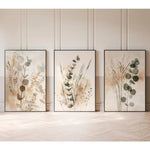 toiles d'art abstrait moderne minimaliste beige gris vert fleurs séchées feuilles pièces combinaison rectangle
