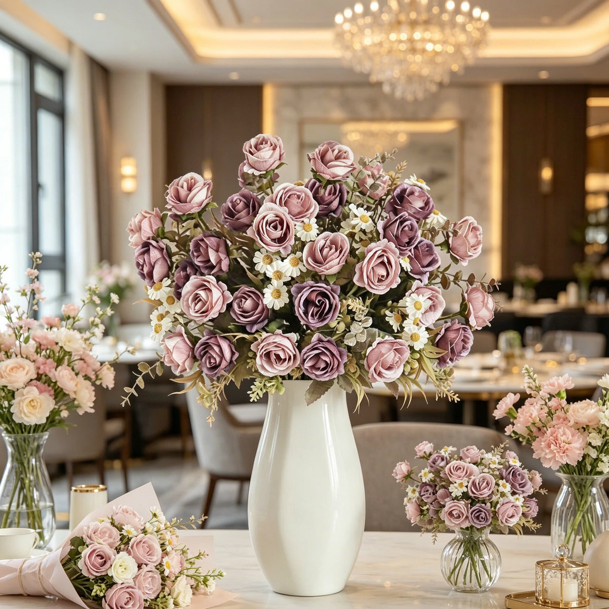 bouquet artificiel roses violettes blanches dorées decoration mariage anniversaire intérieur