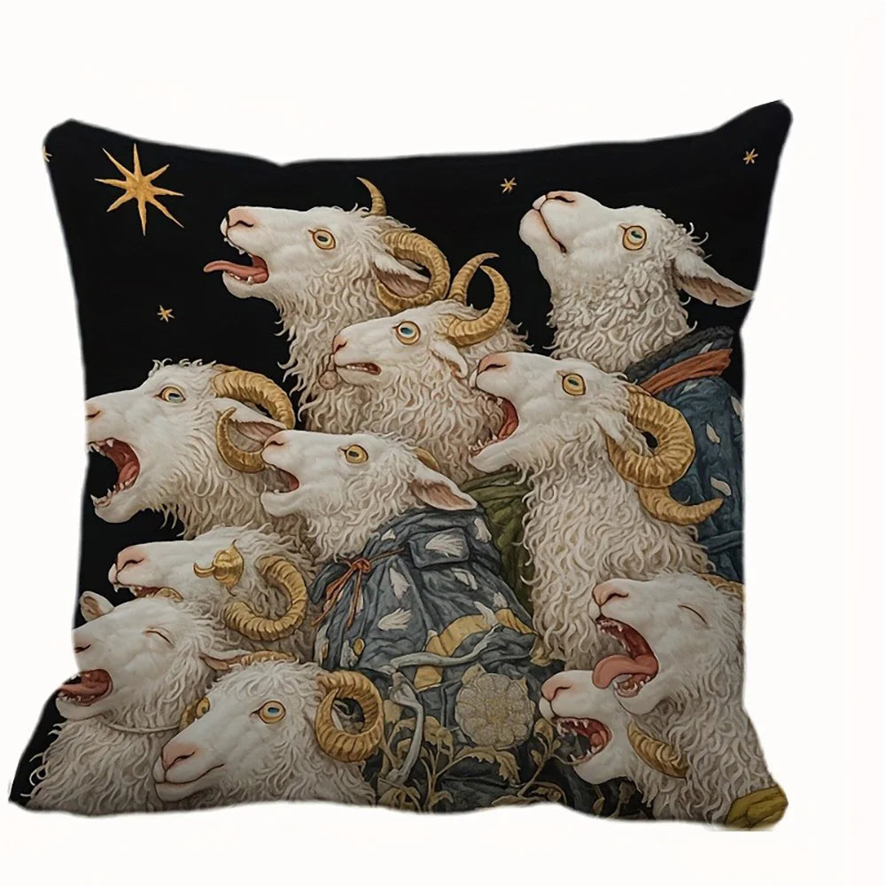 coussin carré imprimé chèvres motif lune étoiles vintage amovible lavable polyester coton adultes salon