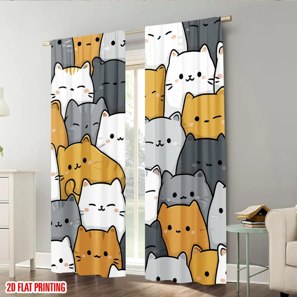 rideau moderne chatons mignons souriant blanc gris orange polyester pièces