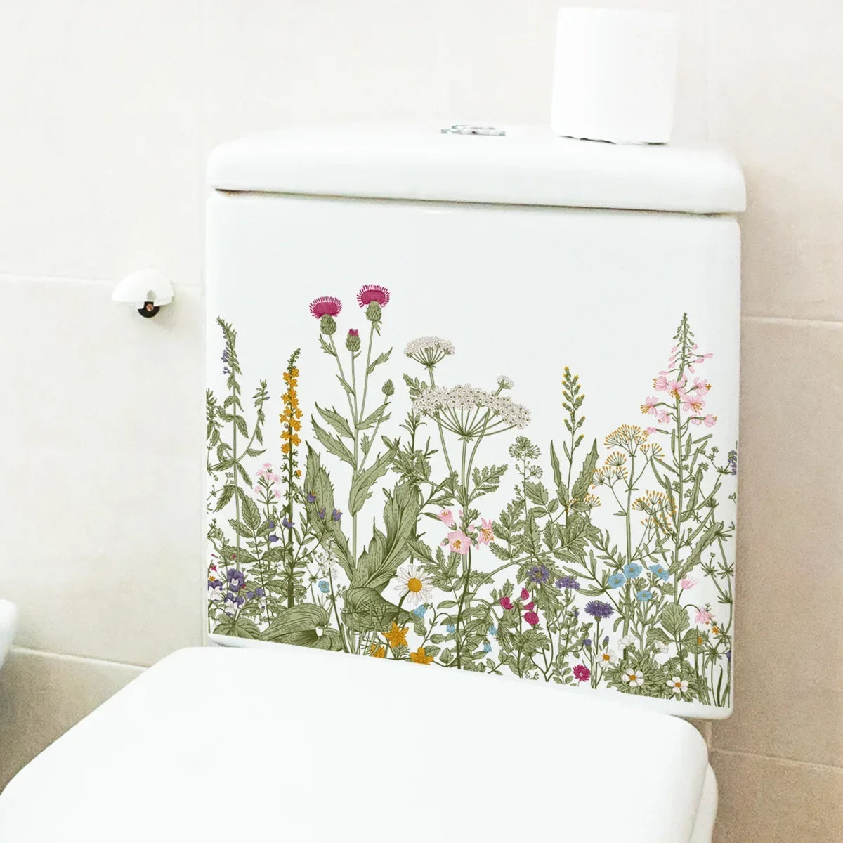 cache wc blanc fleurs feuilles papillons adhésif décoration murale moderne naturel stickers