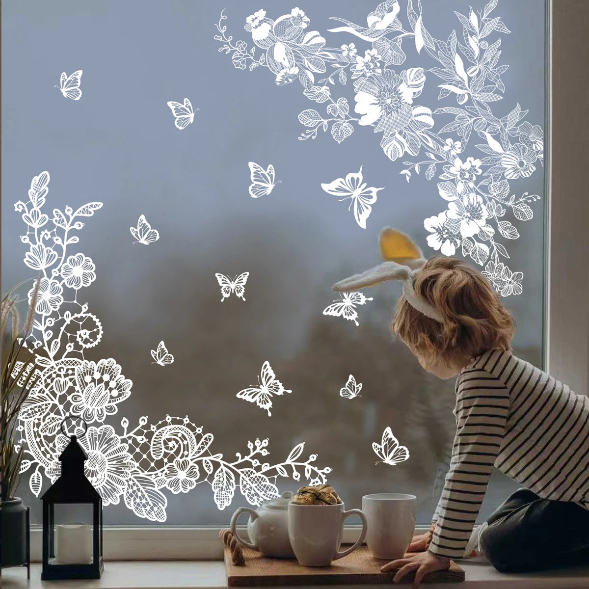 sticker mural fleurs blancs papillons art floral adhésif statique réutilisable décoration intérieure facile poser
